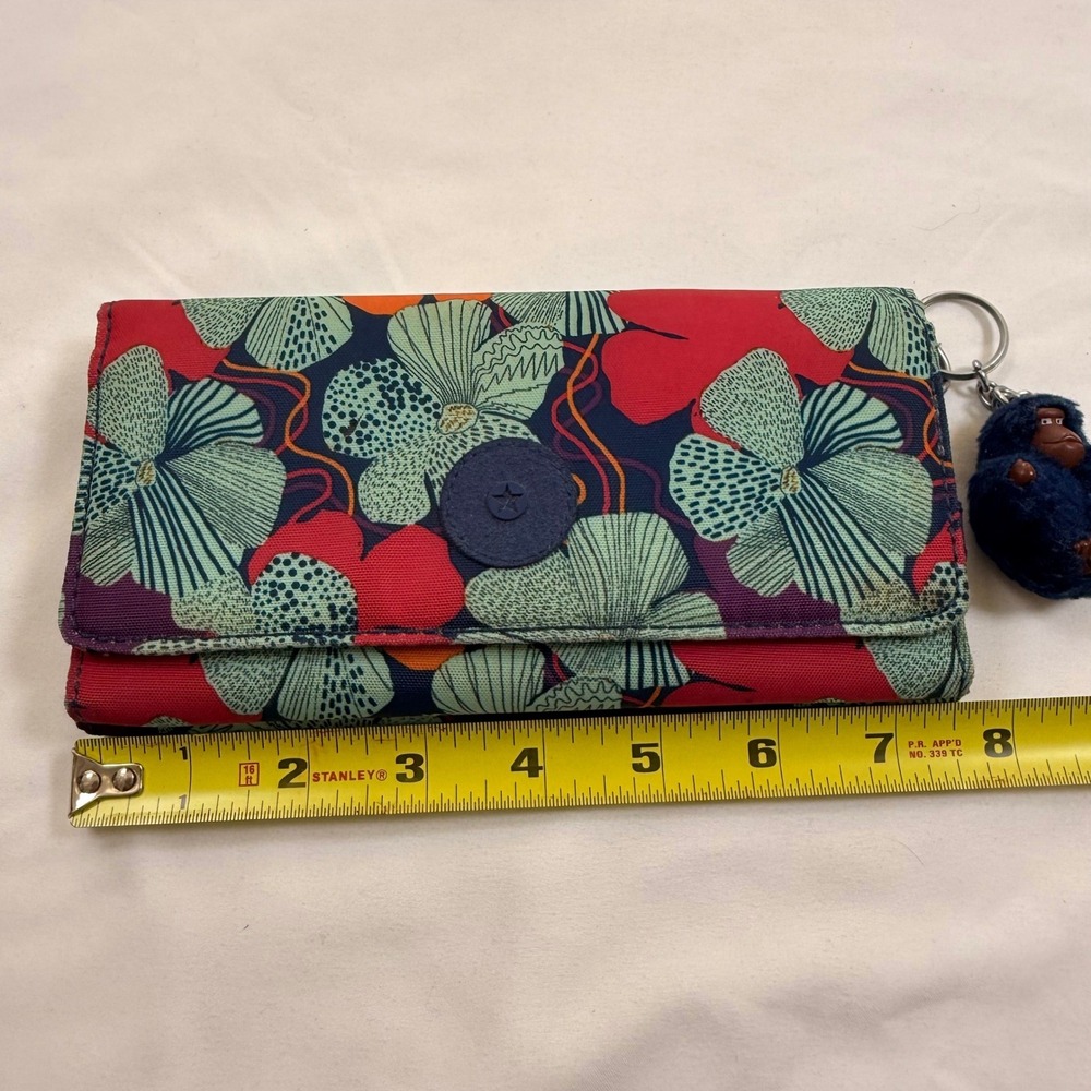 Kipling Floral Nylon Trifold Wallet Red Green Purple with Monkey Keychain - Picture 5 of 11